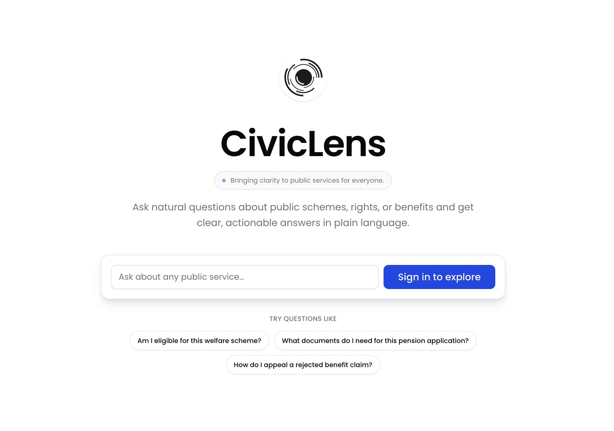 CivicLens - AI platform for querying government schemes with multilingual support for 100K+ potential users. Ask